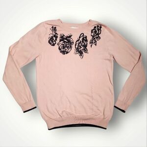 ELLE Pink Pullover Sweater with Black Beaded Floral Detail – Size M